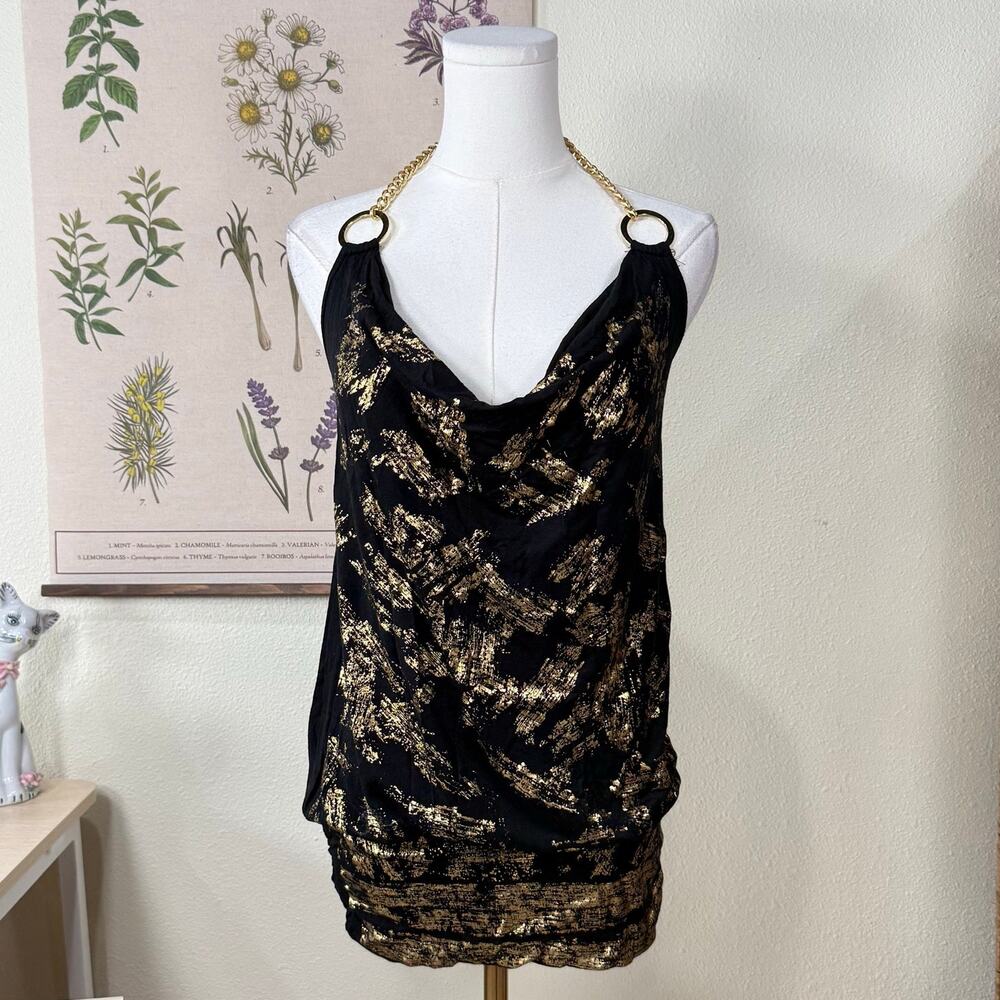 90s Y2k Gold Chain Halter Cowl Neck Mini Bubble Dress Top Sexy Trashy McBling S